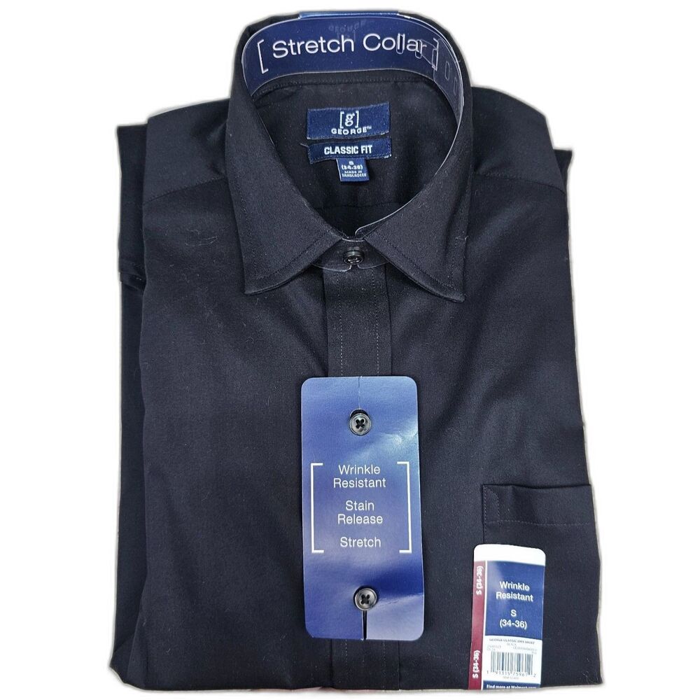 George Men’s Dress Shirt Small 34-36 Black Classic Fit Stretch NWT Long Sleeve